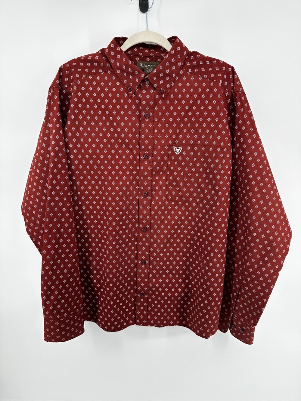 Ariat Western Country Cowboy Burgundy Diamond Print Button Down Shirt SzL